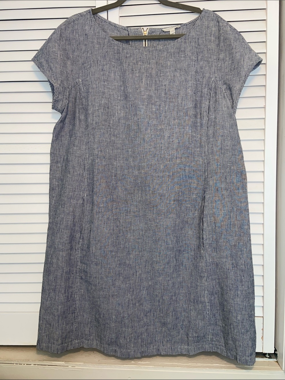 Eileen Fisher Hemp Organic Cotton Pinstripe Shift Dress Pockets Womans L